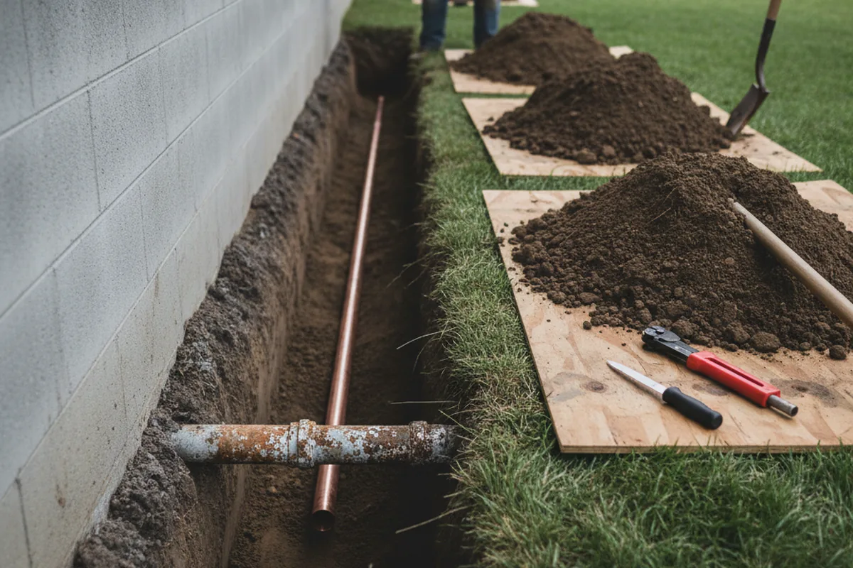 Excavated water line trench during Water Softener Installation in Eastlake